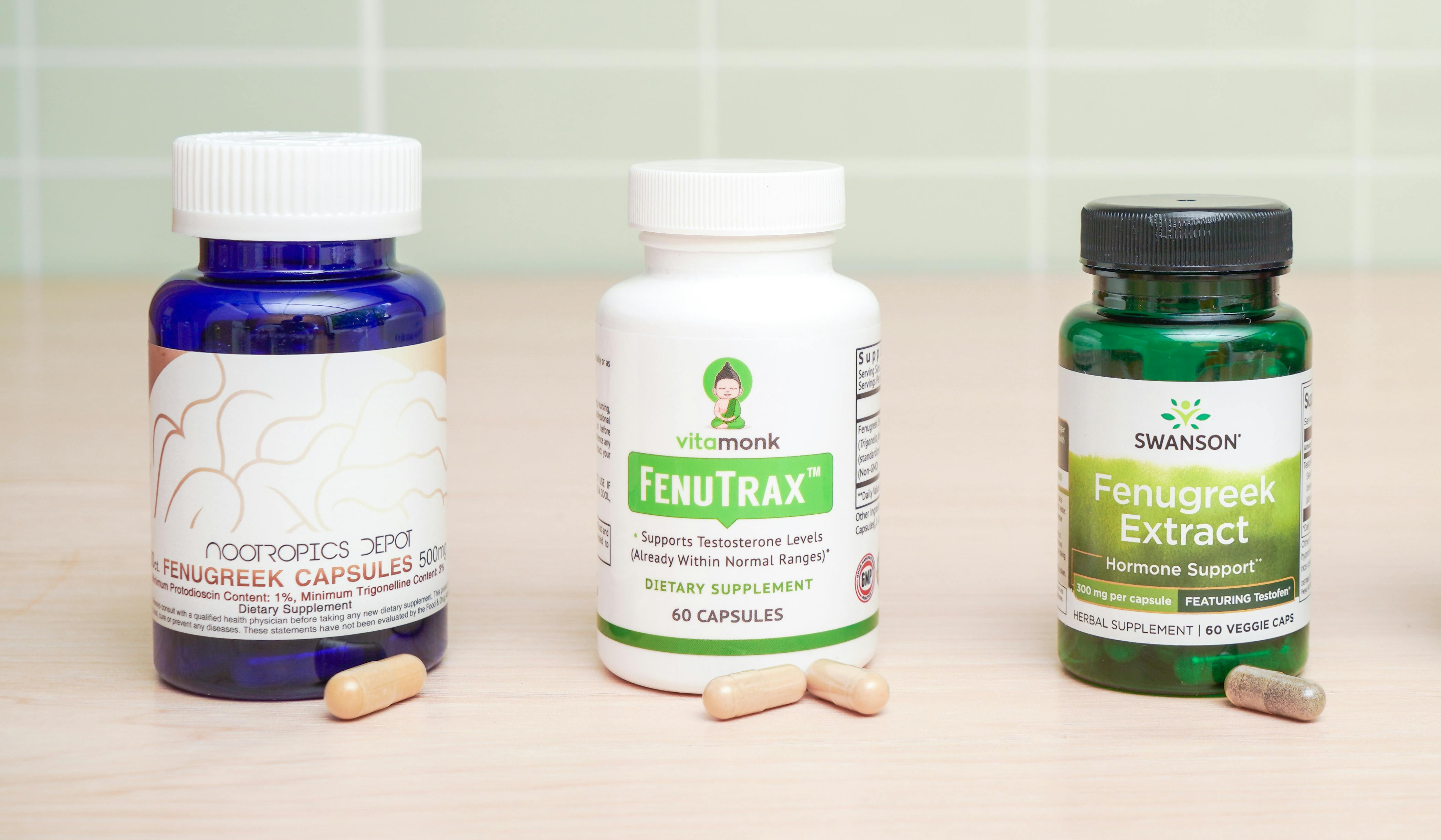 fenugreek seeds, natural supplement bottles, active men exercising