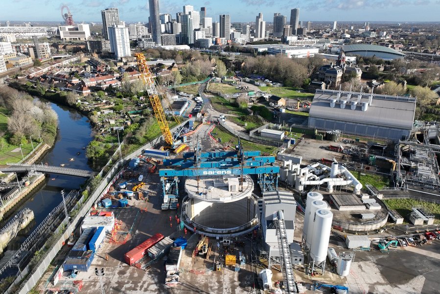 Underground construction of the Thames Tideway Tunnel, showing a large tunnel boring machine.