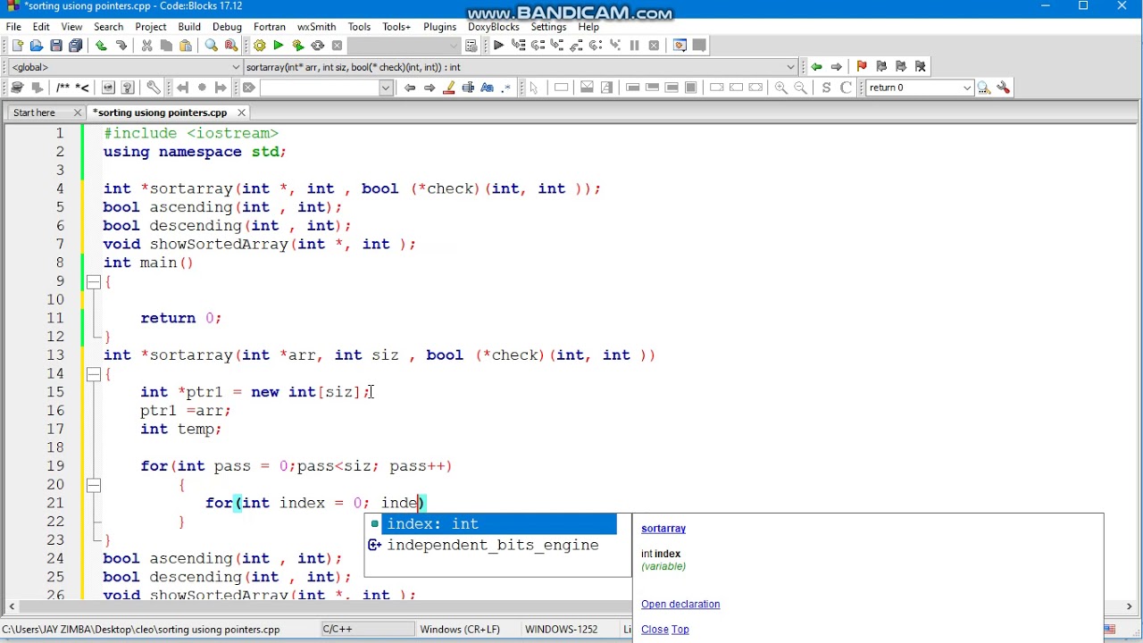 array, pointers, sorting, code implementation