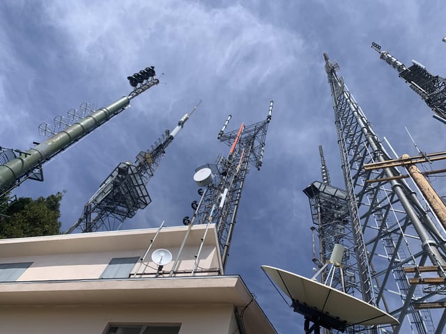 cityscape with telecom antennas and corporate headquarters