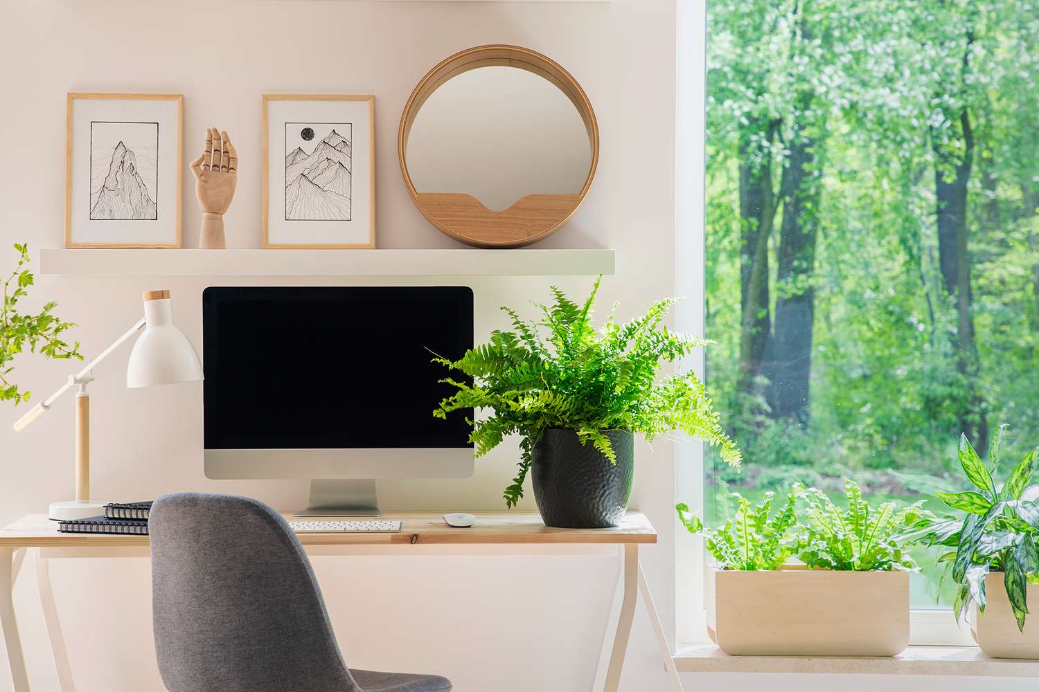 scenic work desk, natural light, productive workspace