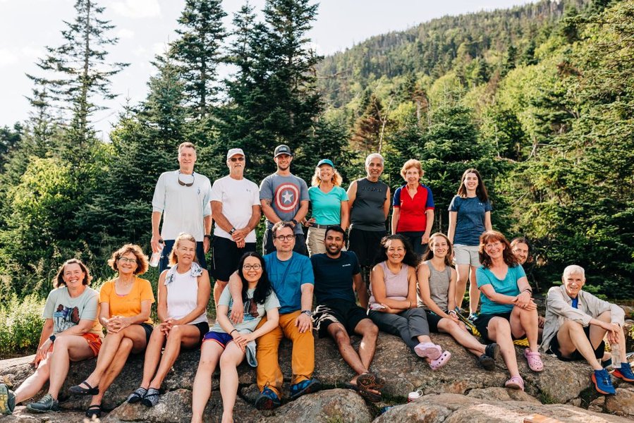 Group of people hiking together in the mountains