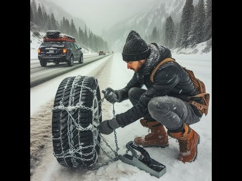 mountain high road with chains installed on tires