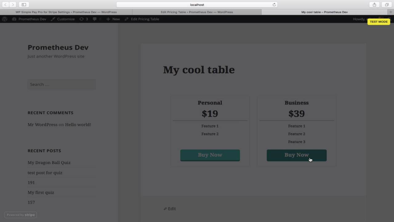 stripe pricing table implementation screenshot