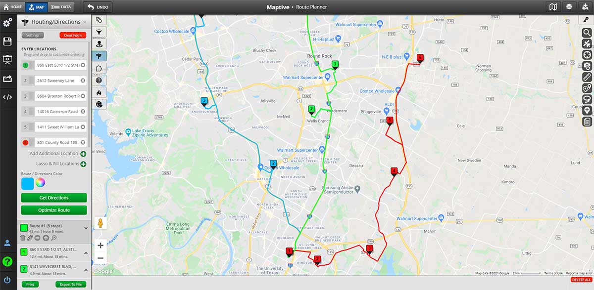 optimized route map, logistics transport, city network