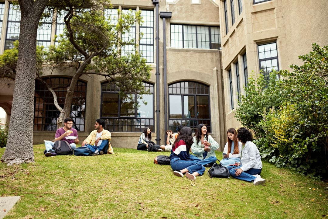 campus building and students