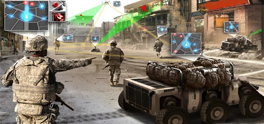 landscape view of modern military equipment and urban reconstruction