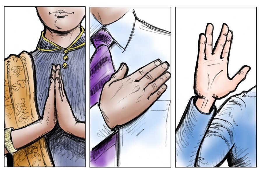 An illustration showing different non-contact greetings, including hands pressed together.