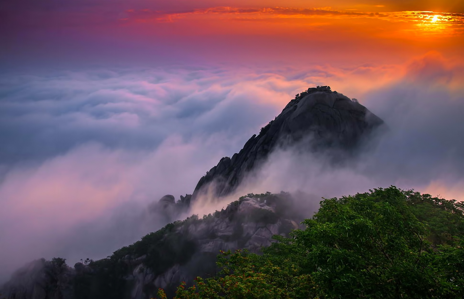 mountain landscape with sunrise and modern technology elements