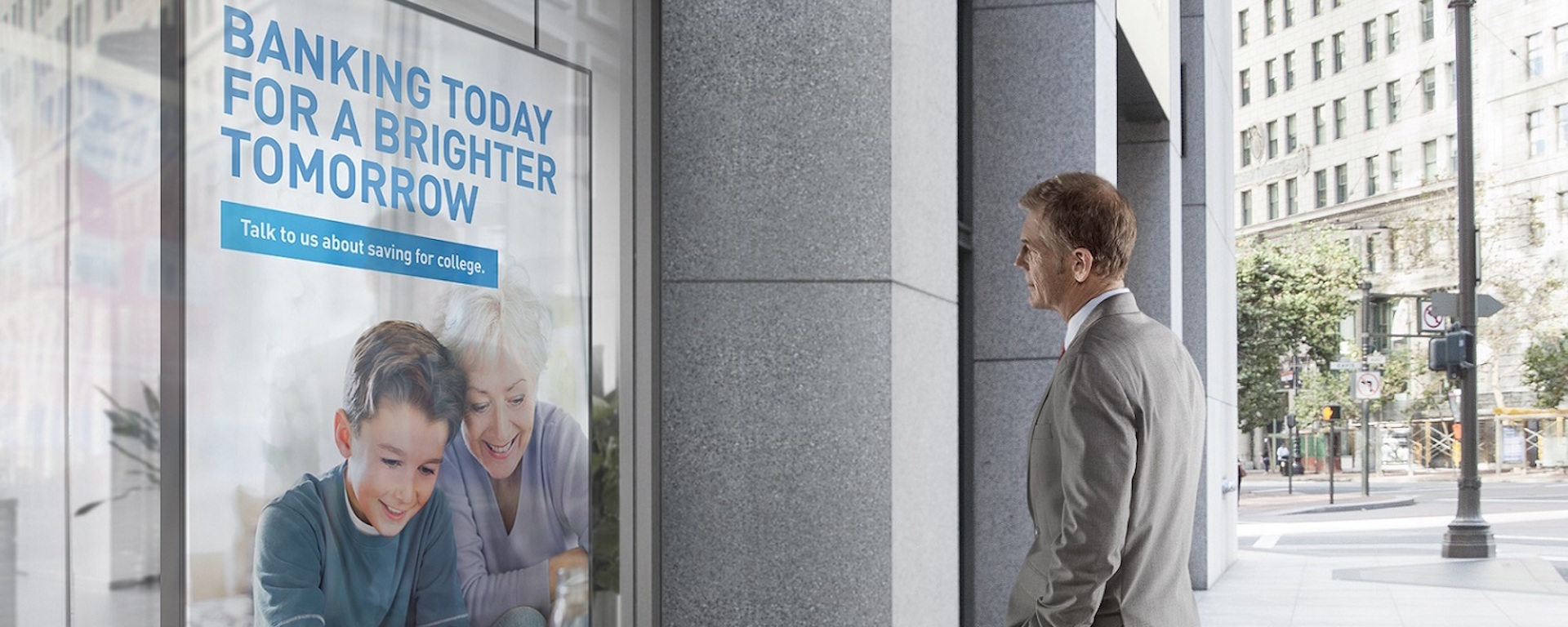 banking building exterior with digital signage