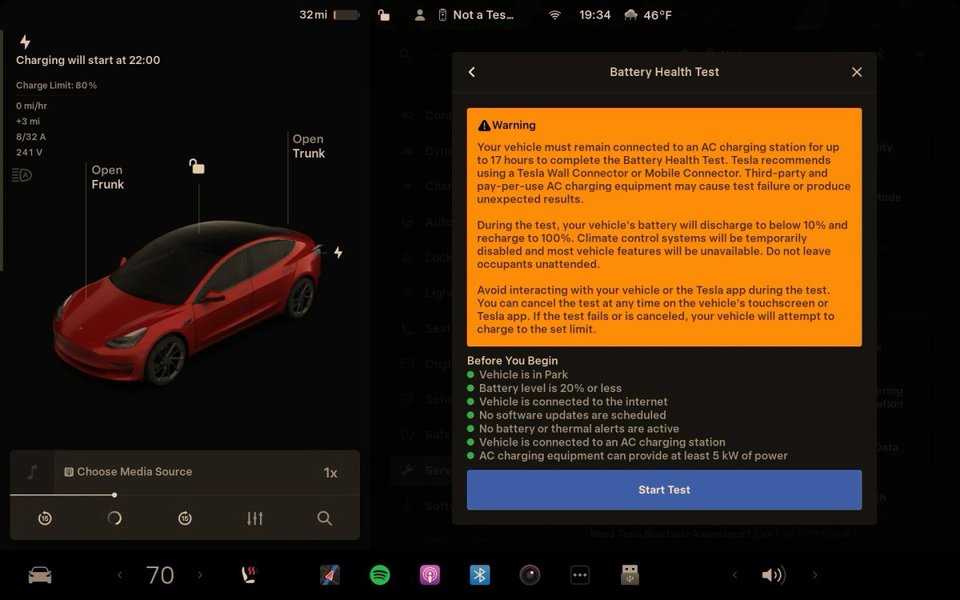 Checking battery health directly from the Tesla infotainment screen.