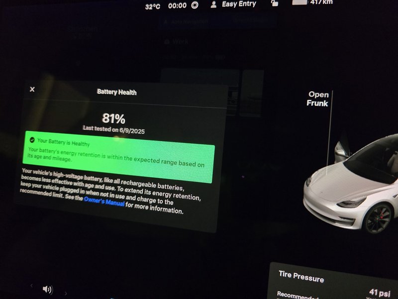 An example of a Tesla battery health report after significant mileage.