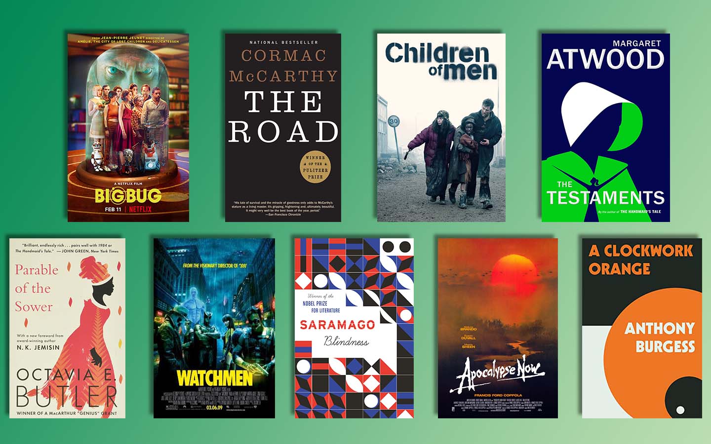 books, classic literature, dystopian cityscape