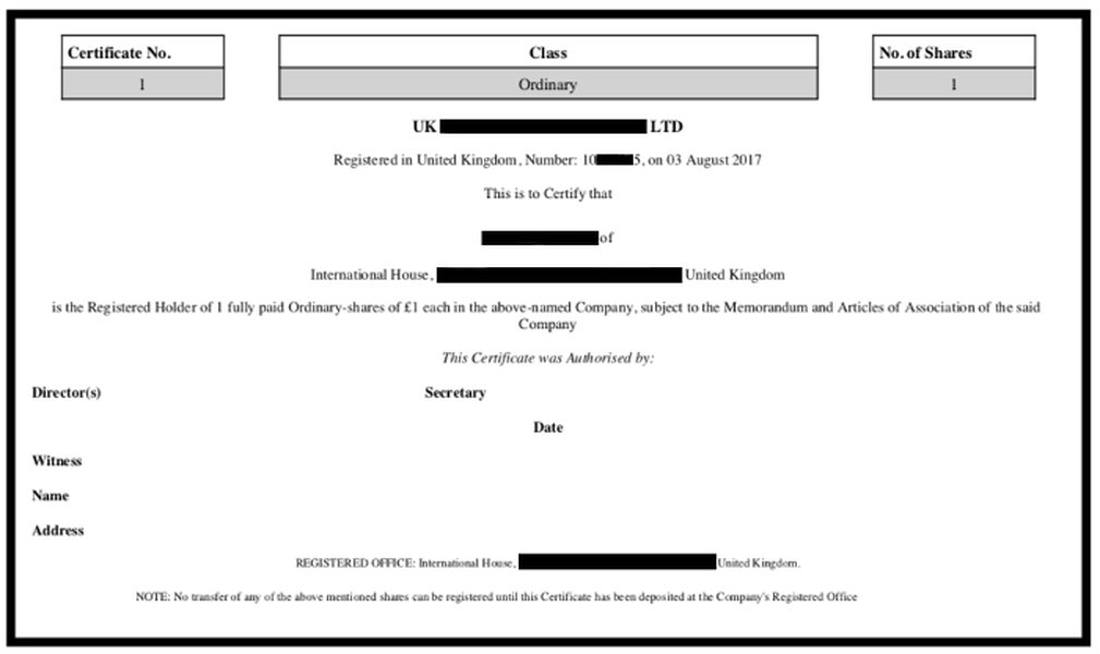 Exemple de certificat d'actions britannique