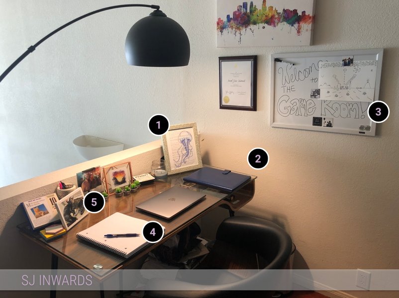 Writer's workspace with notes and computer, indicating research and fact-checking