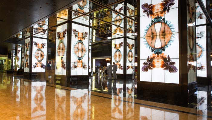 modern hotel lobby interior with digital screens