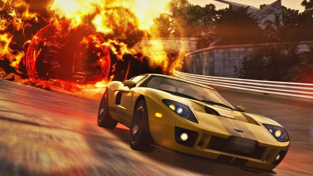 A gameplay screenshot from the game Blur, showing cars racing and using power-ups.