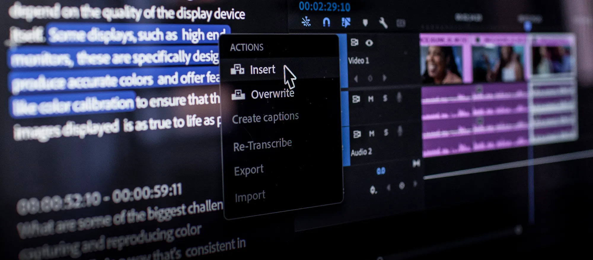 video editing workspace with transcription software on monitor