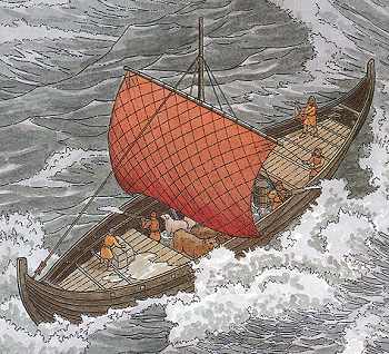 Viking longship on rugged sea