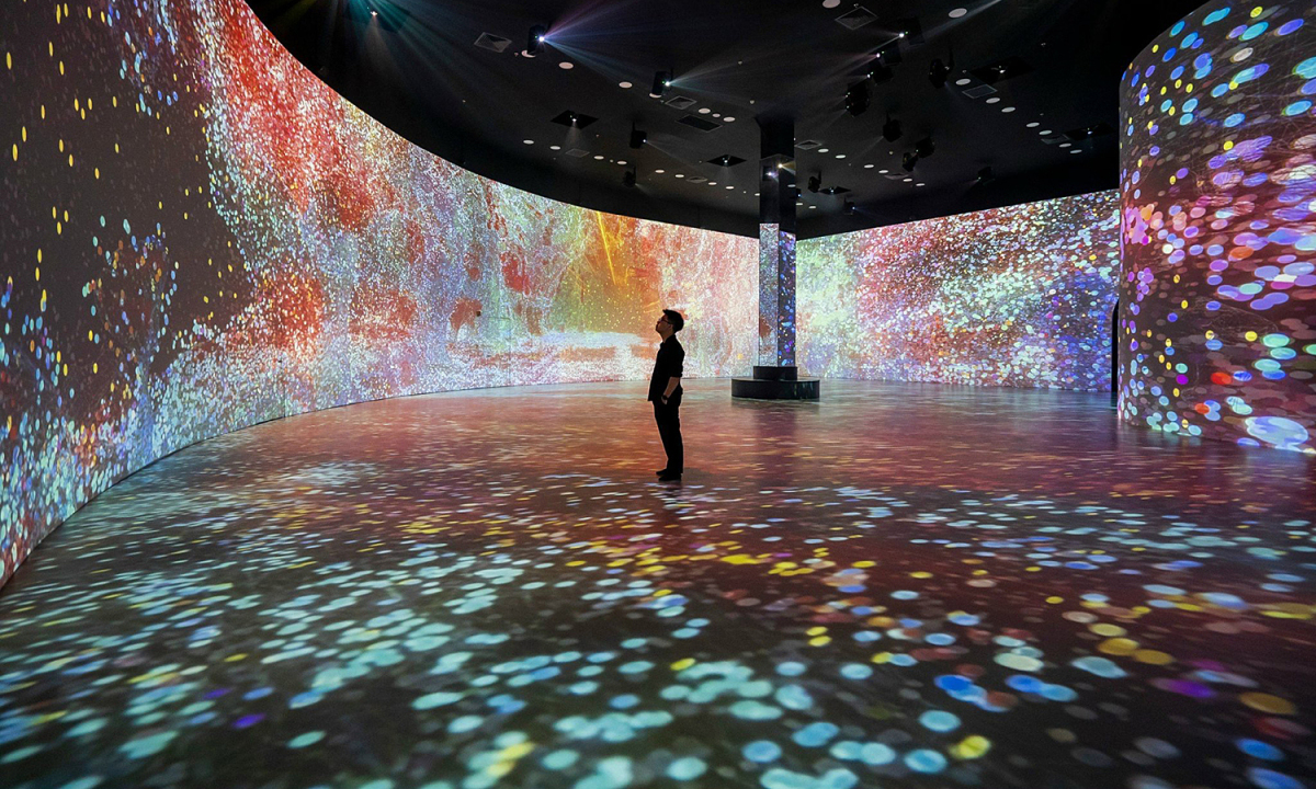 global art exhibition bustling with visual artworks