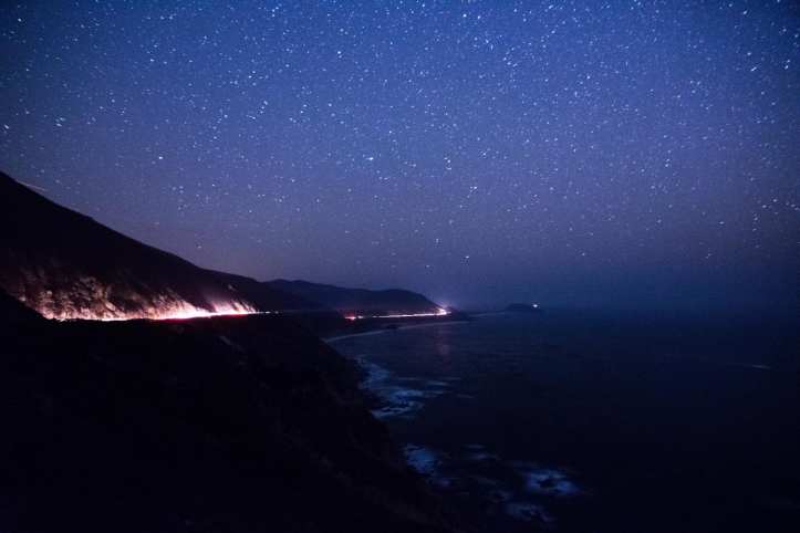 ocean wave sunset, river flowing, starry night sky