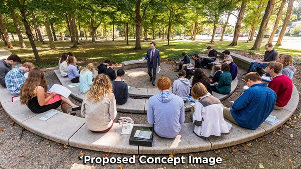 university campus with students studying outdoors