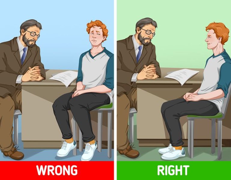 Illustration showing confident body postures like standing tall and making eye contact.