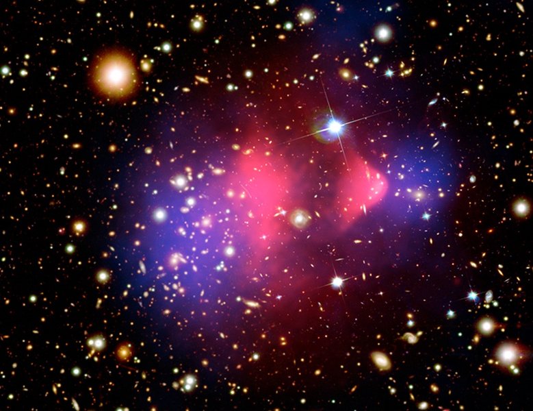 The Bullet Cluster showing separation of dark matter and visible matter