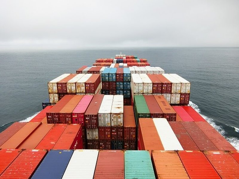 Large cargo ship laden with shipping containers at sea