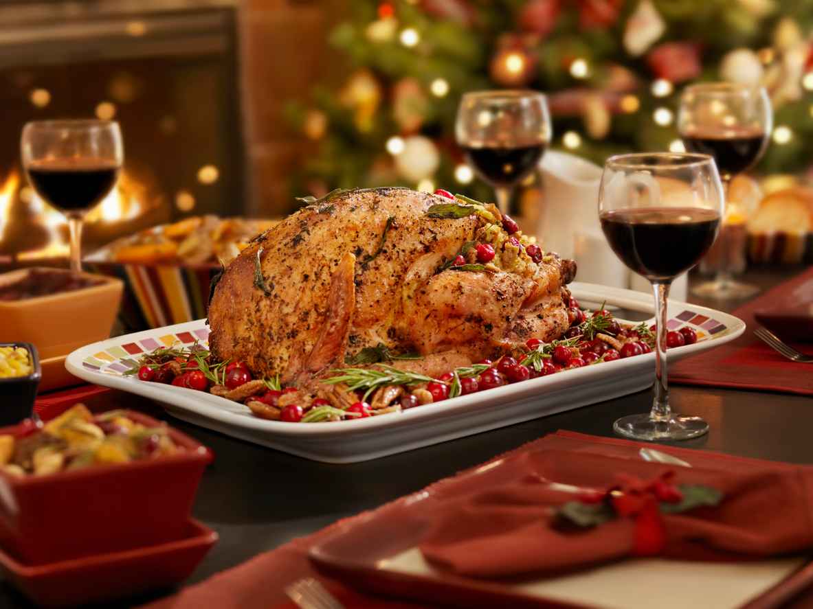 wine and turkey dinner table