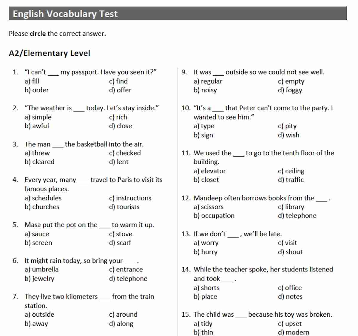 university classroom with vocabulary test materials