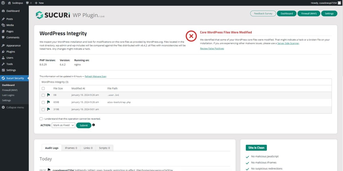 A screenshot of Sucuri's user interface displaying a security dashboard.