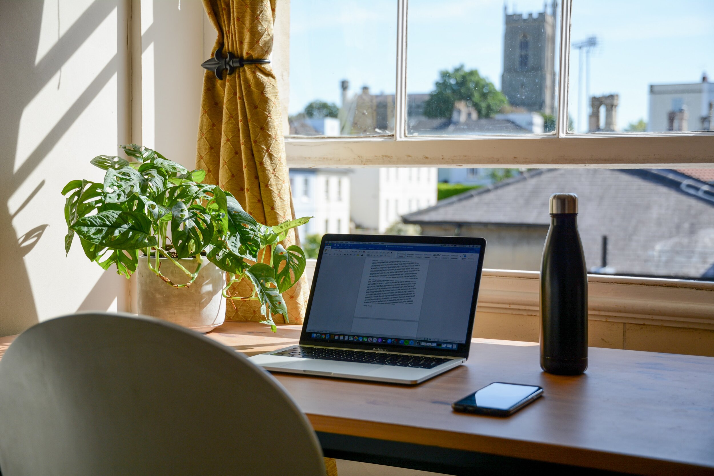 office view, work desk, natural light