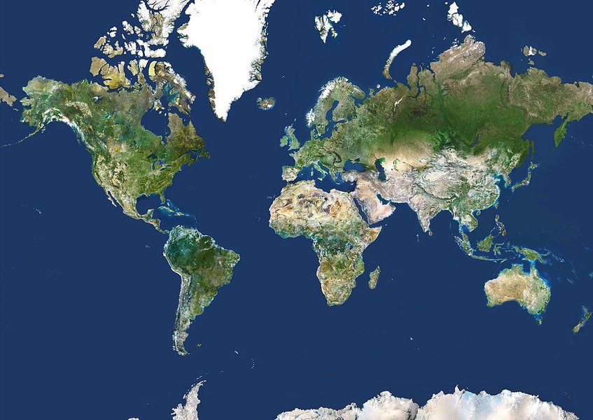 Physical World Map showing terrain and oceans