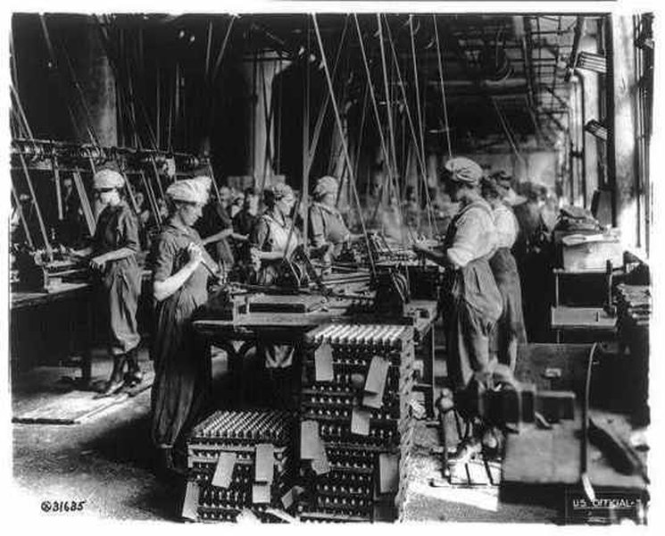 Women working in a factory during WWI, contributing to the war effort on the home front.