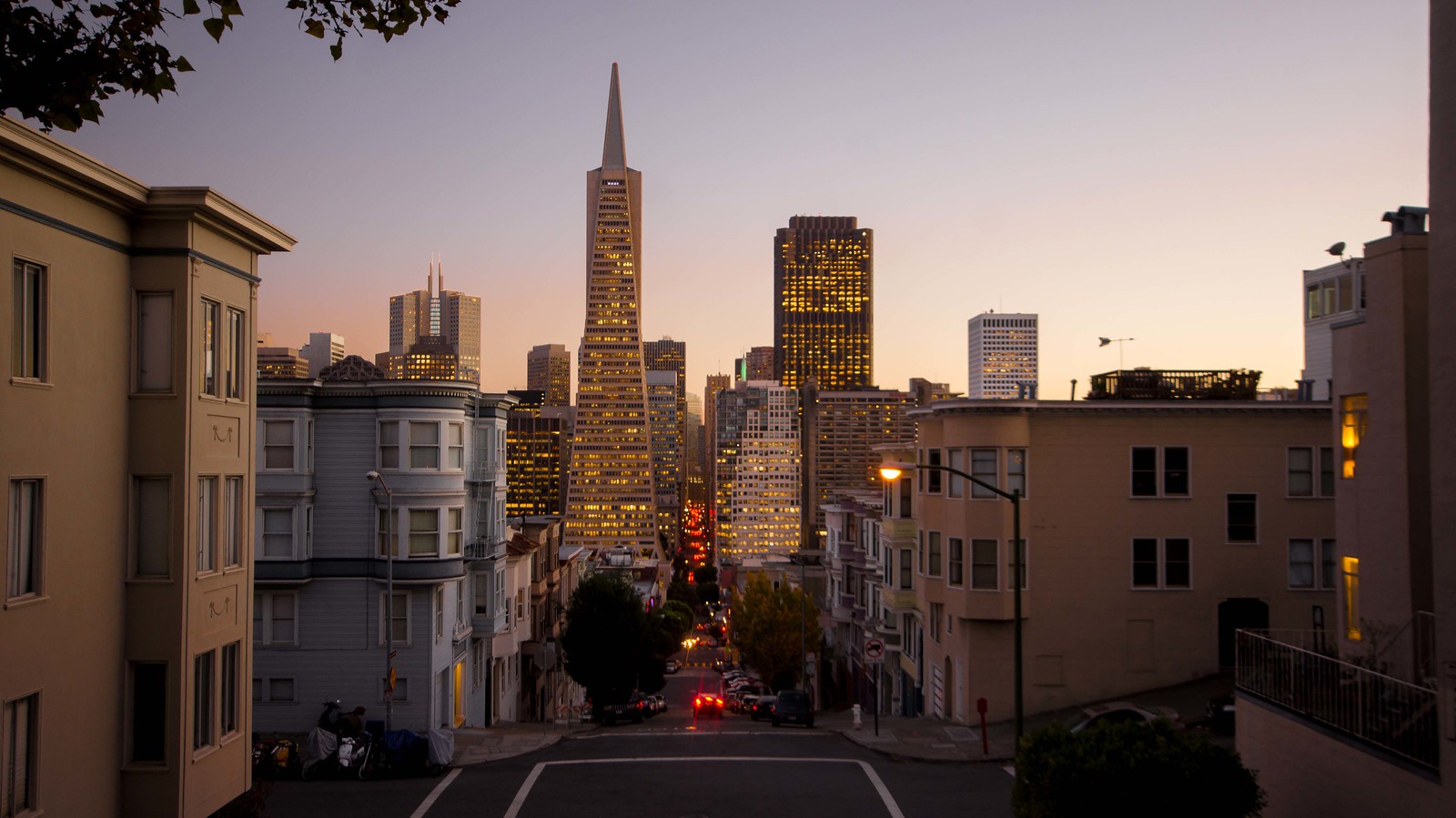 urban financial district sunset