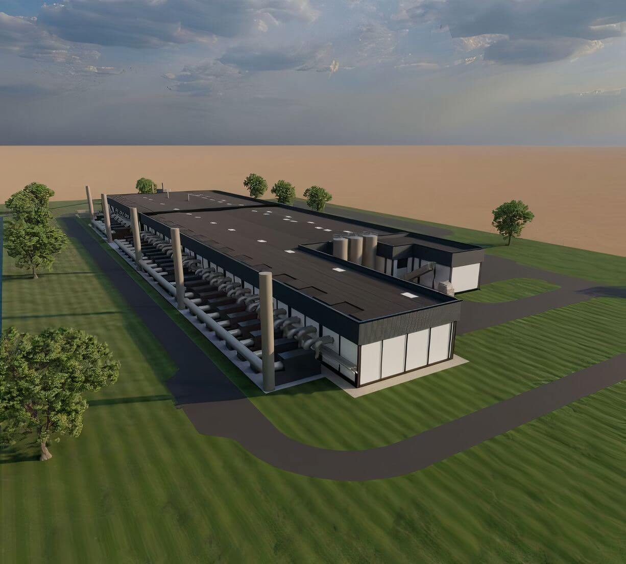 industrial insect farming, modern production facility, sustainable agriculture landscape