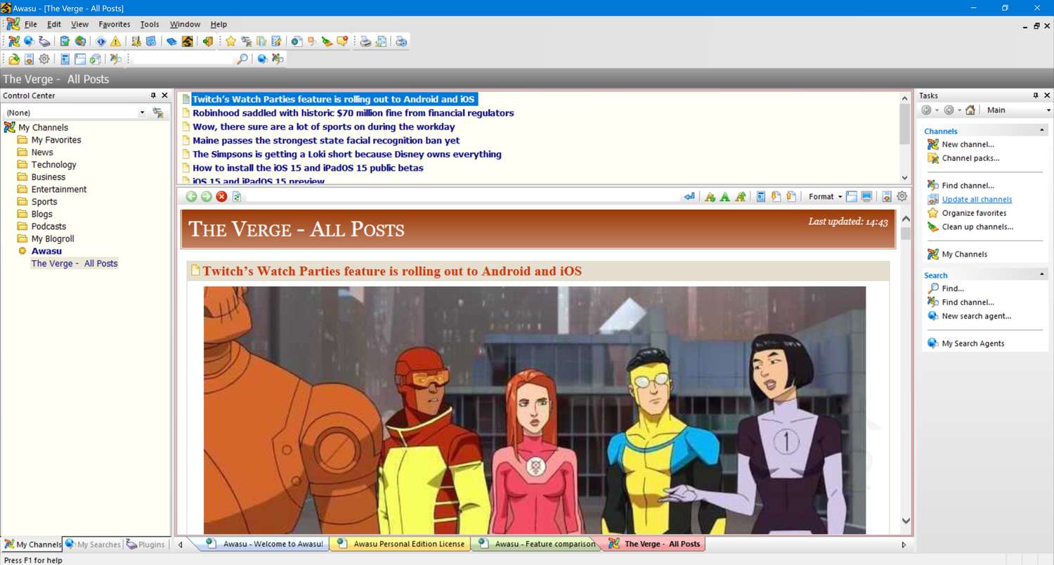 YouTube channel screen with RSS reader interface