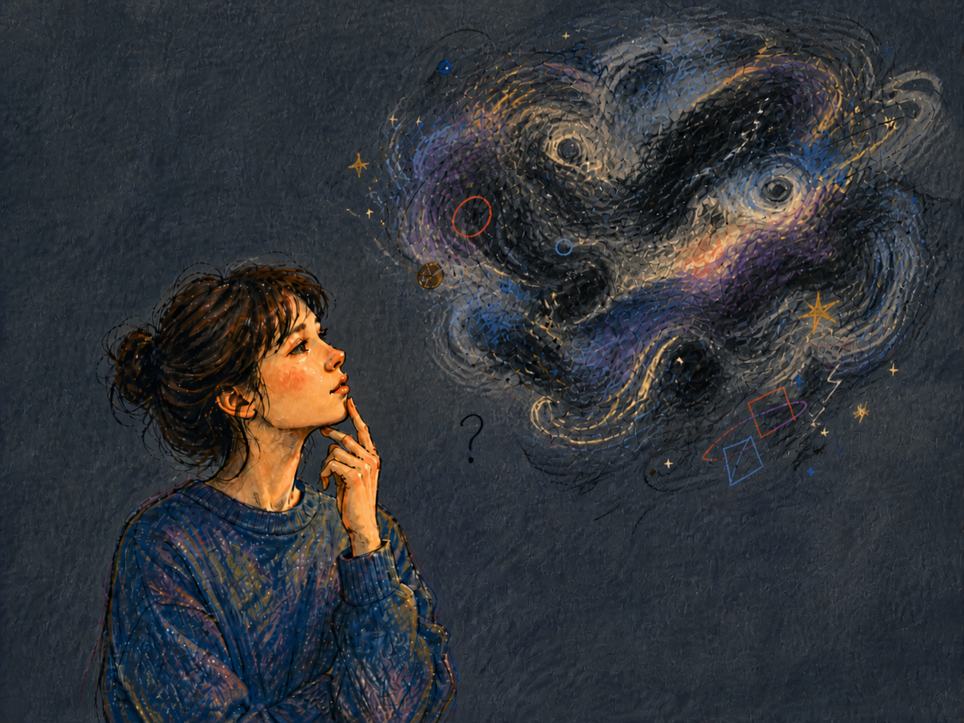 Painting of a woman in a blue sweater in profile, hand to chin, gazing at a dark swirling thought cloud with a question mark, shapes, and hints of color suggesting something not yet named.