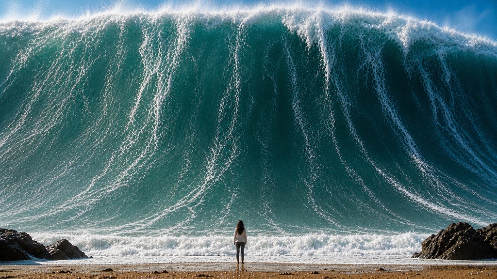 Photograph of a person standing on a sandy beach facing a colossal turquoise ocean wave.