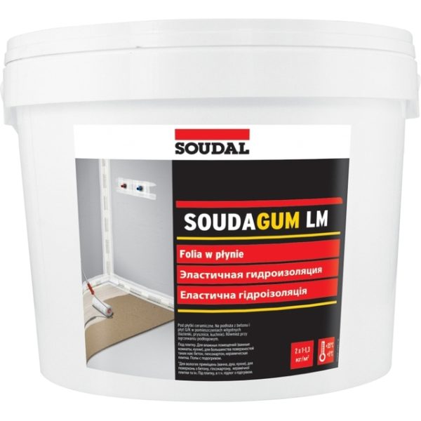 Soudal Soudagum LM е течна водоустойчива мембрана за бани и душове, бетонови подове и циментови замазки, гипсови плоскости, под плочи.