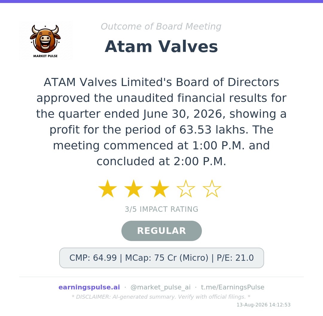 ATAM Valves reports Q1 FY27 financial results. | Earnings Pulse ...