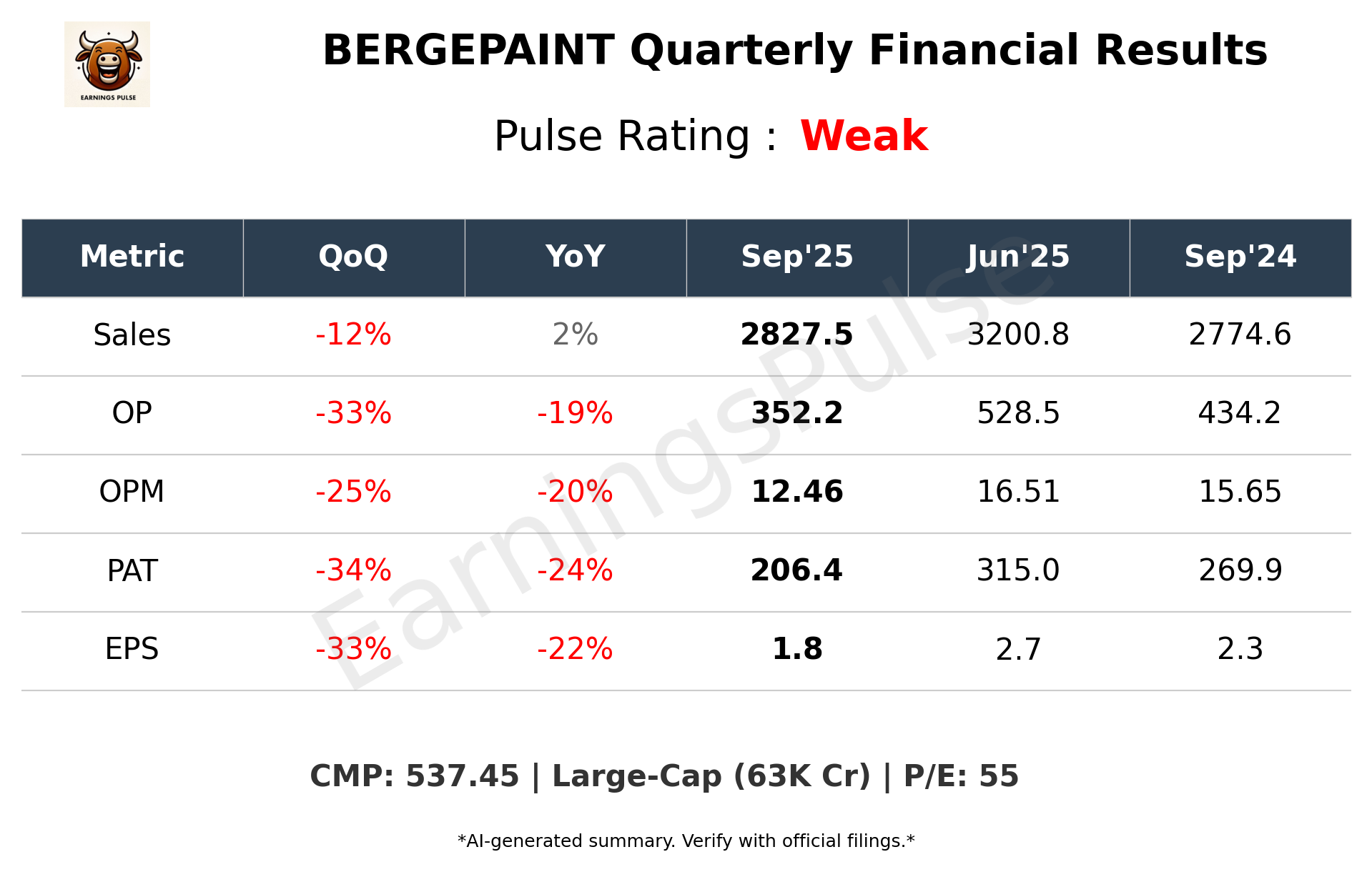 BERGEPAINT — earnings summary