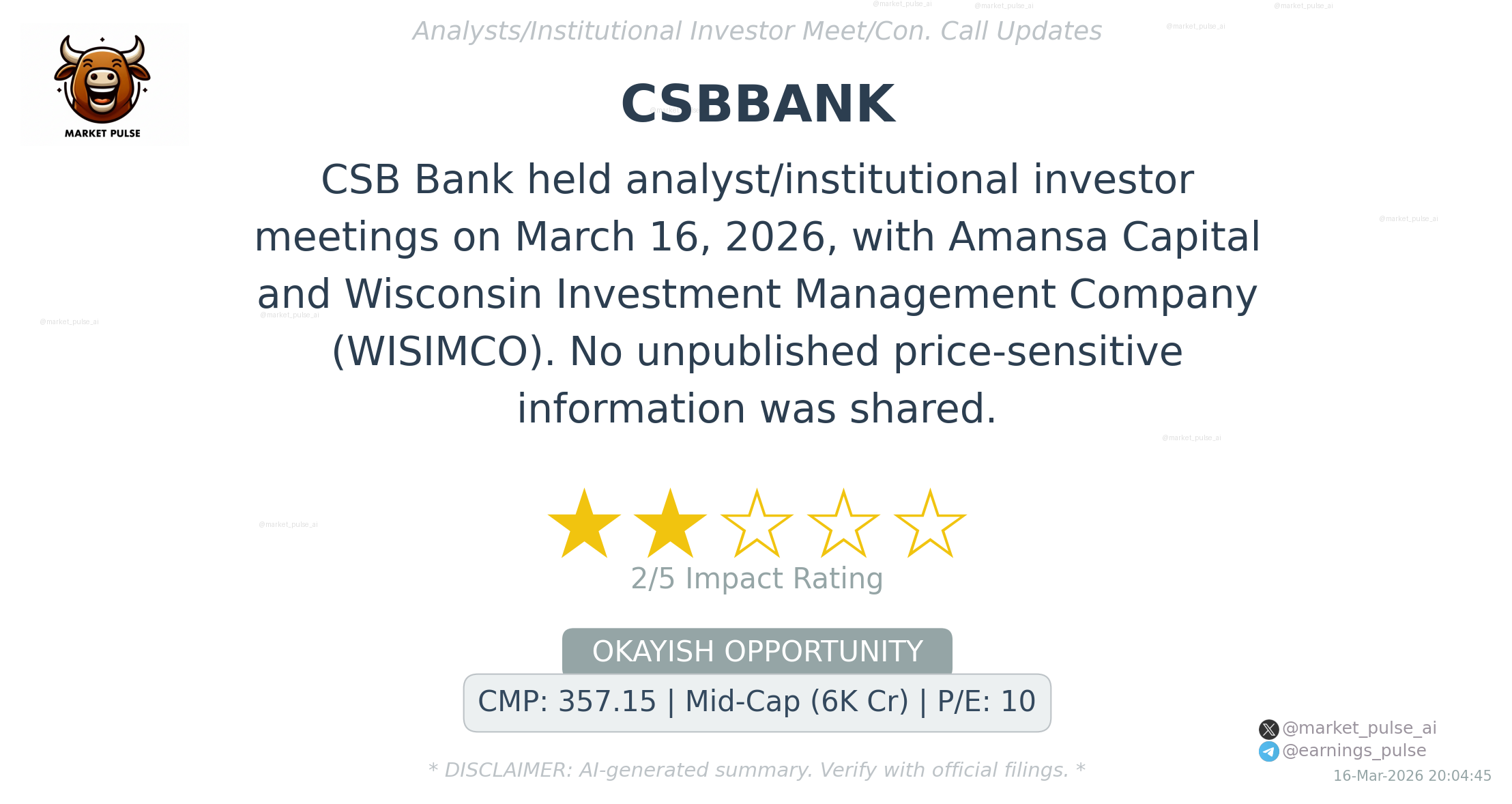 CSB Bank held meetings with Amansa Capital and WISIMCO. | Earnings ...