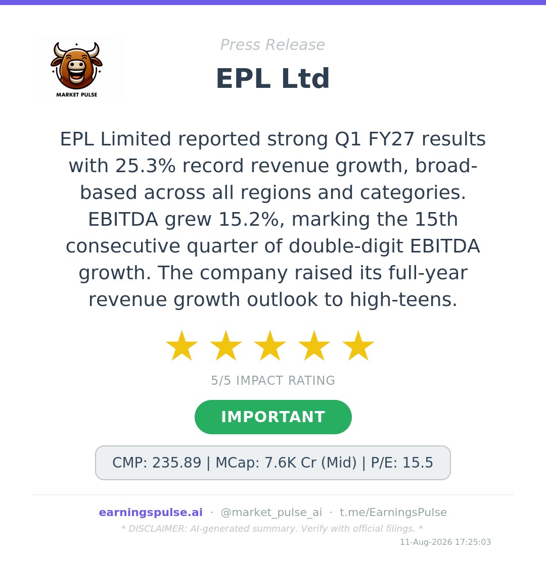 EPL Limited reports record revenue growth, strong Q1 FY27 performance ...