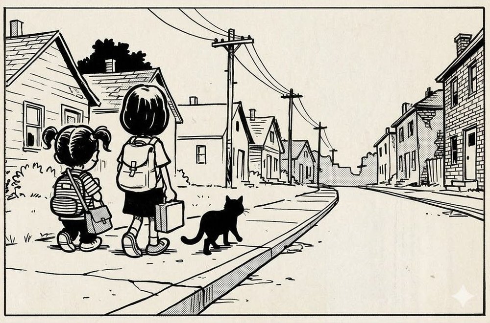 School kids walking down a residential road