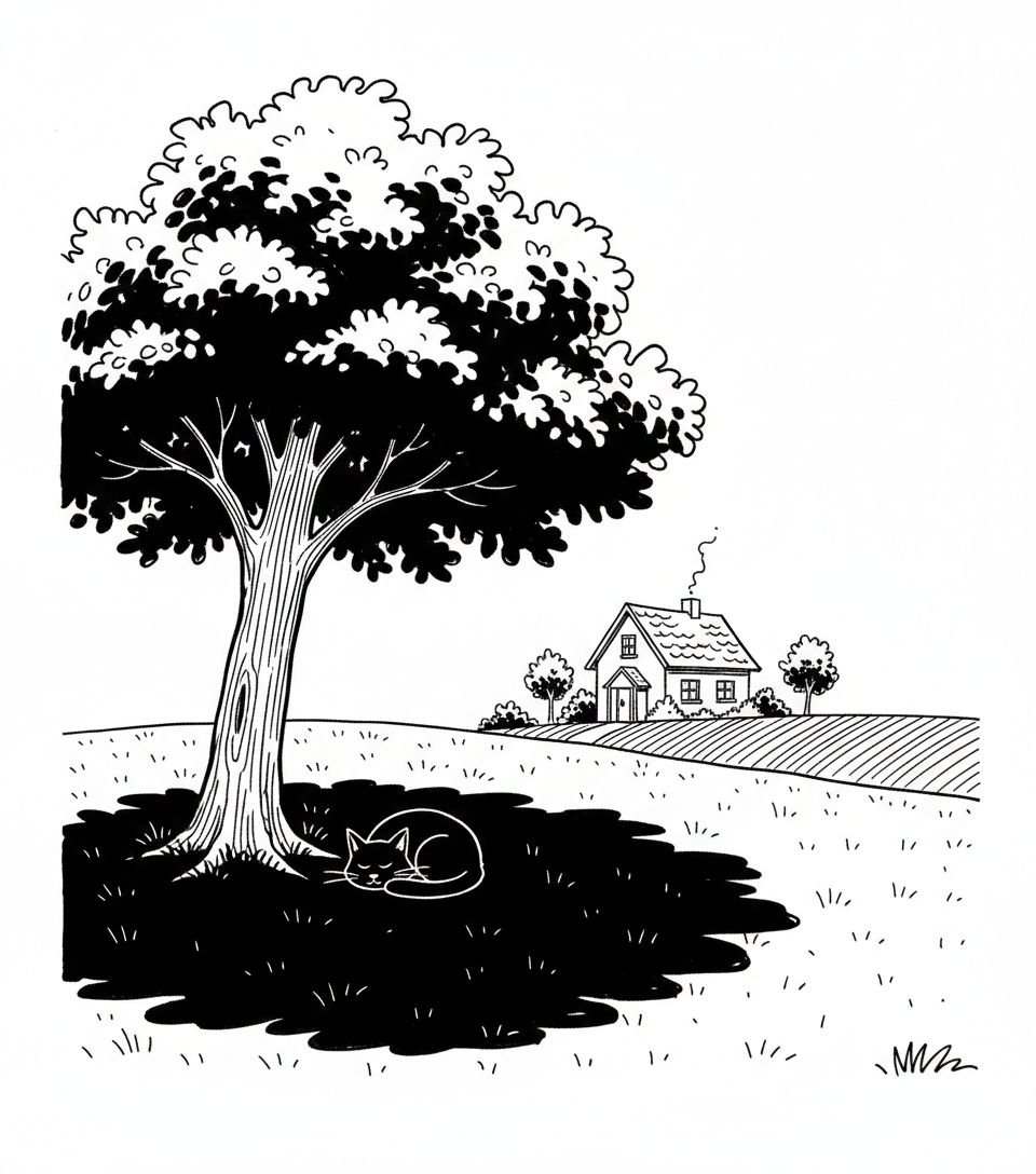 Country side home with cat laying in shade of a tree