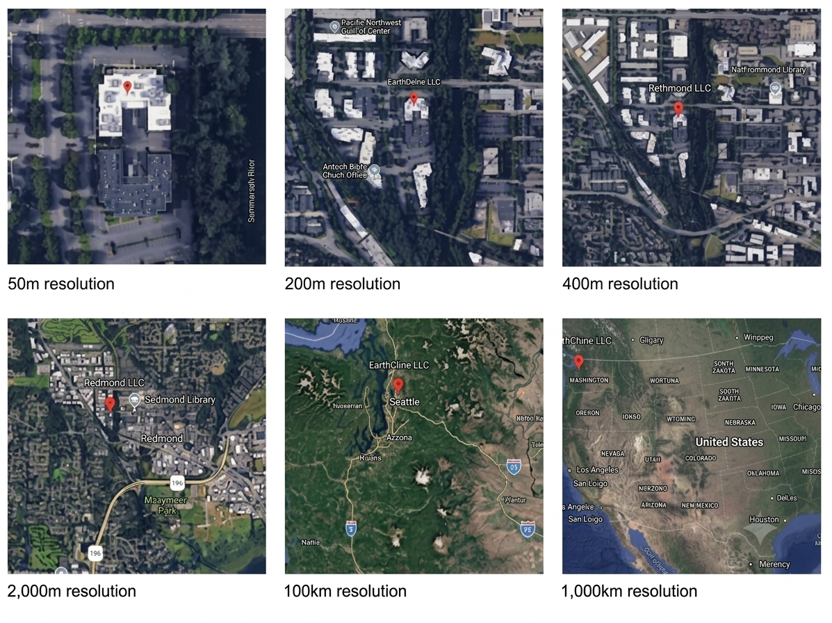 Satellite imagery example from 6 different resolutions