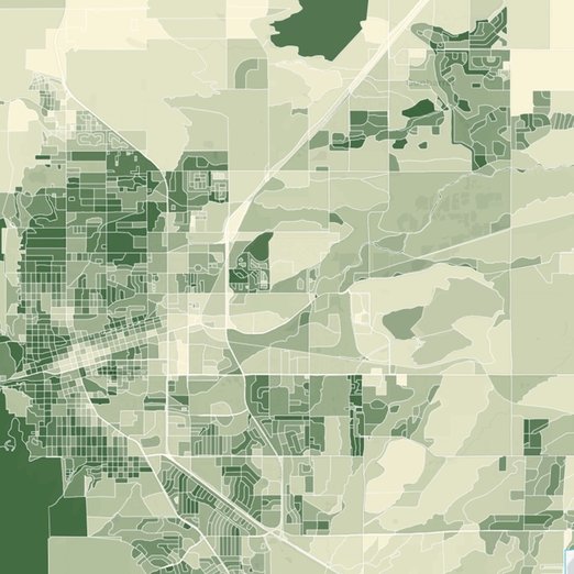 This TreePlotter choropleth map displays urban tree canopy density using a green-to-cream gradient overlaid with white street lines. The western edge and established residential street grids show the densest tree cover (dark green).