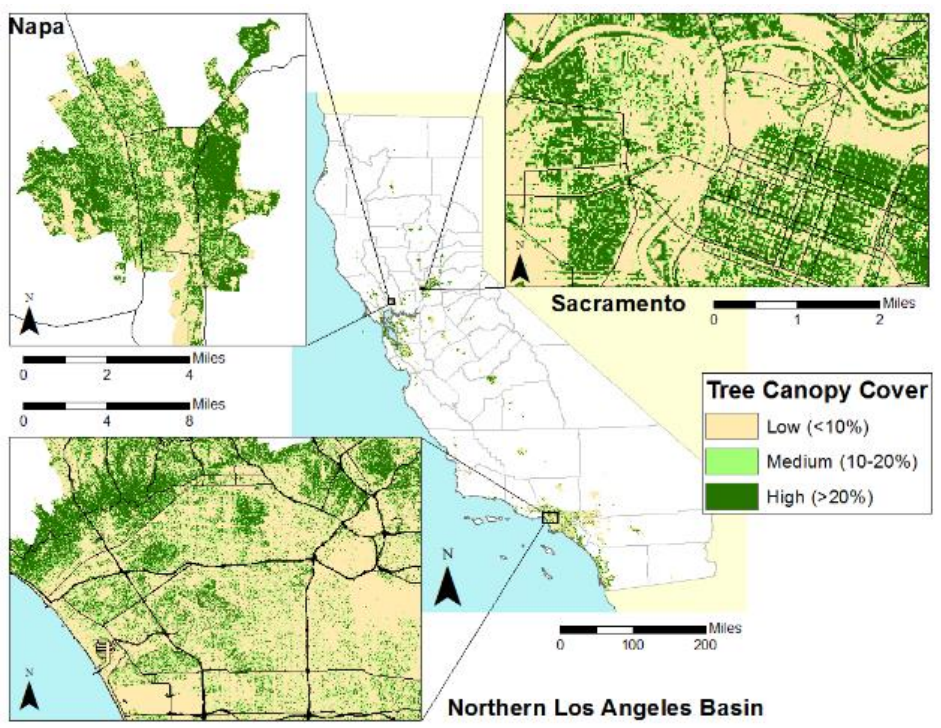 Percent tree canopy cover within California urban areas (map)